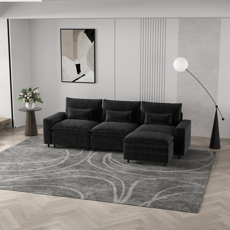 Canapé à assise profonde en chenille 3 places avec repose-pieds et coussins lombaires - Confort texturé doux avec polyvalence moderne
