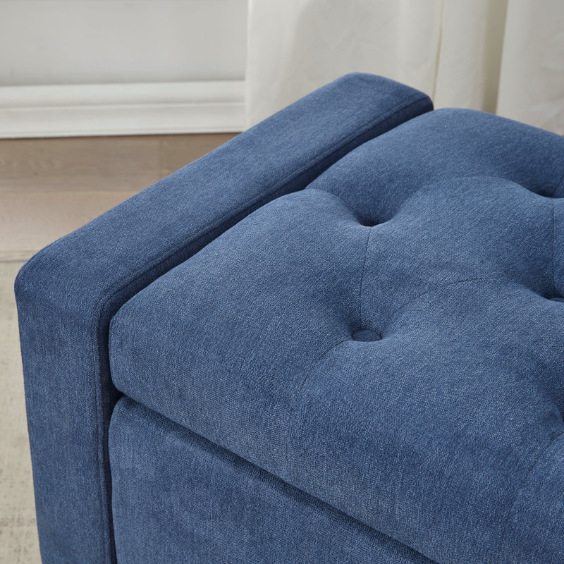 Dark Blue Upholstered Storage Ottoman Bench with Solid Wood Legs