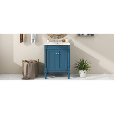 Meuble-lavabo 24 po avec lavabo supérieur, meuble de rangement moderne à 2 niveaux, meuble-lavabo simple, grandes tablettes de rangement