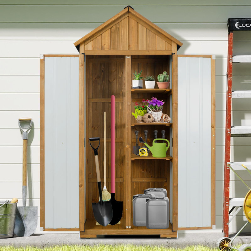 Wood & Metal Outdoor Storage Cabinet with Waterproof Roof, Garden Tool Shed with 6 T-Hinge, 4 Reinforced feet with metal brackets and 6 Adjustable feet, 3 Removable Shelves