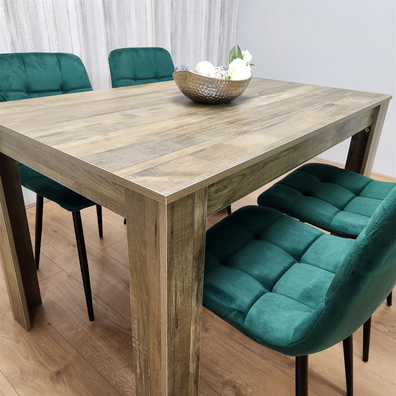 Dining Set of 4 Dining Table and 4 Velvet Chairs Dining Room Furniture, Green, 75cm H x 117cm W x 77cm D