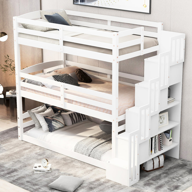 Twin Size Triple Bunk Bed With Storage Staircase - White & Separate Style Option Space