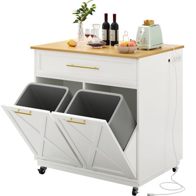 Berg Rolling Kitchen Island with Double Tilt Out Trash Can Storage Cabinet, Power Outlet by Laurel Foundry Modern Farmhouse