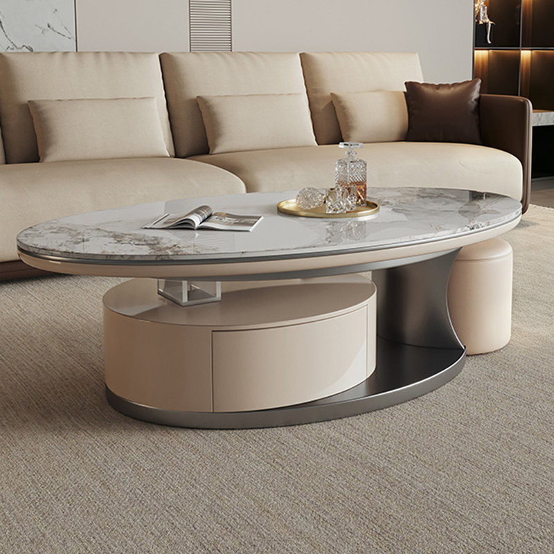Table basse ovale en bois manufacturé en acier inoxydable, 16.54" H x 47.24" L x 23.62" W, Beige/Gray