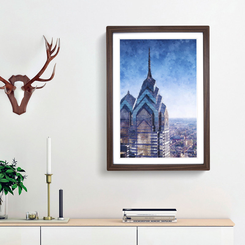 One Liberty Place In Philadelphia - Single Picture Frame Painting on MDF, Walnut Framed, 45cm H x 33cm W x 2cm D