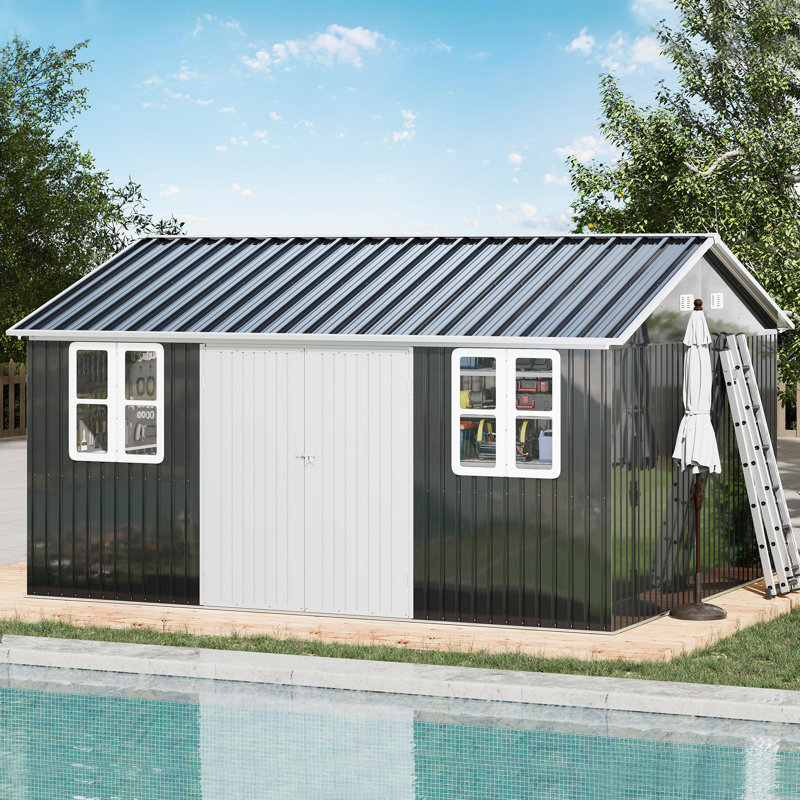 12 × 14 × 8.5 ft Galvanized-Steel Nordic Cottage Outdoor Storage Shed with Two 4-Panel Windows & Lockable Door – Dark Grey/White