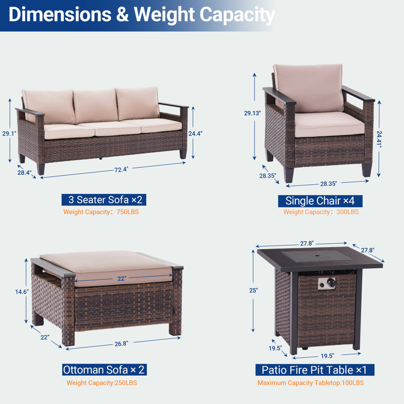 9 Pieces Patio Set with 28'' Fire Pit Table, PE  Rattan Patio Sofa Set With Ottomans and Sturdy Frame, Sand