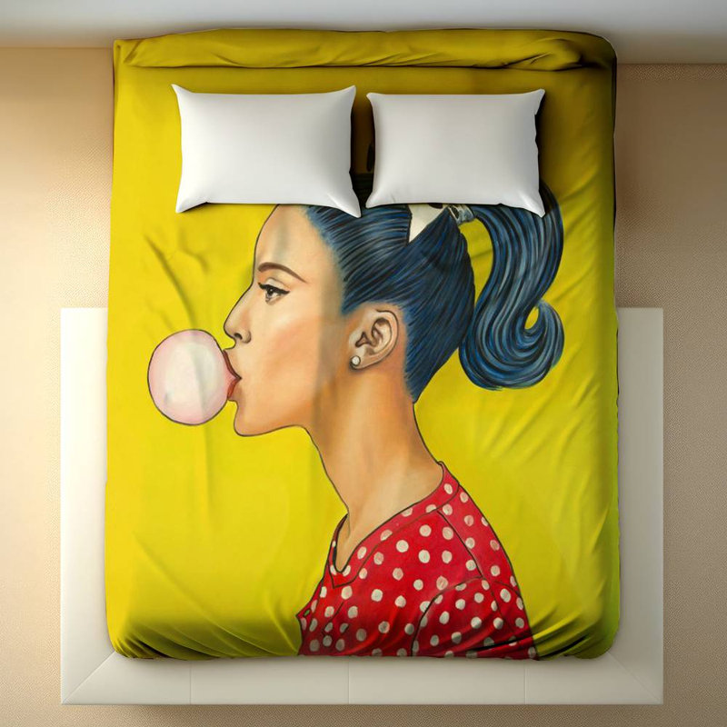 Polyester Sateen Duvet Cover, King Duvet, Blue Retro Woman With Beautiful Ponytail