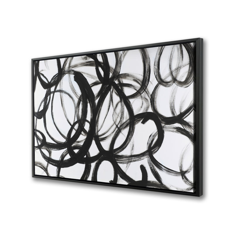 Abstrait lignes bouclées - art sur toile encadré noir et blanc