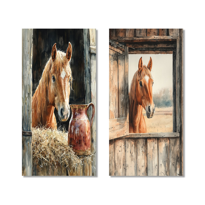 Portrait de cheval à la grange I - ensemble d'art mural en métal animal brun, 40" H x 40" W