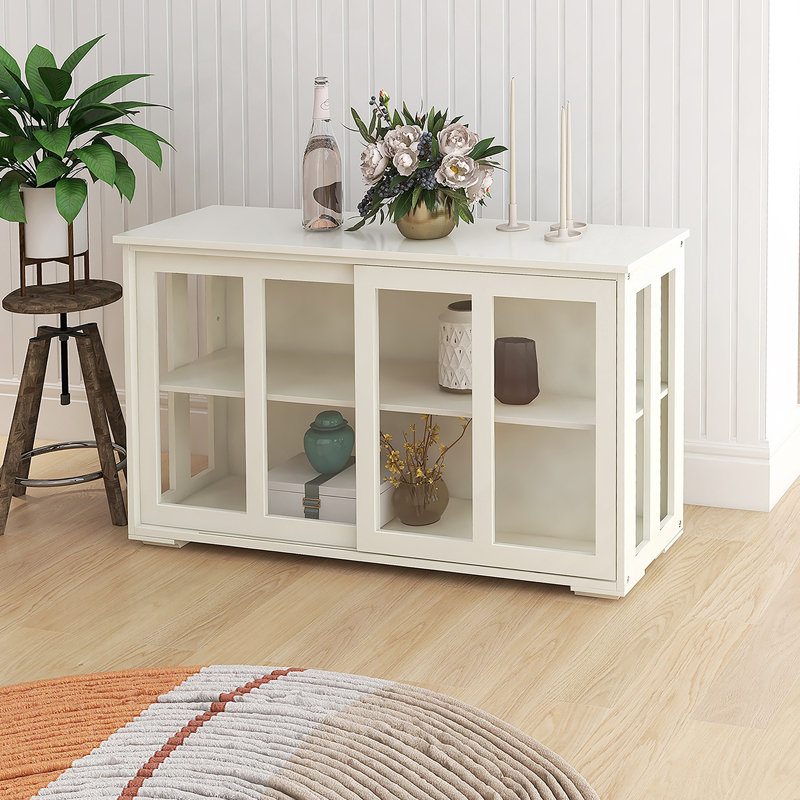 Meuble de rangement de cuisine blanc avec portes coulissantes en verre et étagère réglable, MDF de classe E1, Blanc