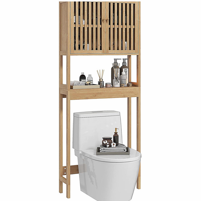 Armoire de rangement en bambou au-dessus de la toilette, organisateur de salle de bain au-dessus de la toilette avec portes à lattes, tablette réglable et tablette ouverte, naturel