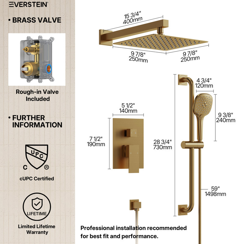 10" Pressure-Balanced Rain Shower System with 3-Function Handheld Shower and Adjustable Slide Bar, Brushed Gold