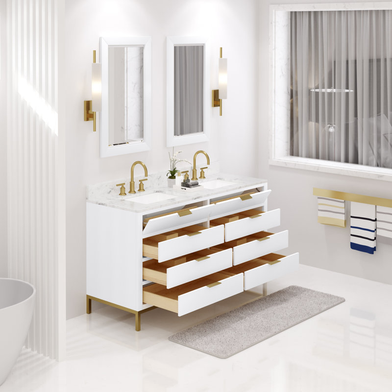 Meuble-lavabo de comptoir en marbre blanc Carrara de 60 po avec robinet Bristol, Blanc pur