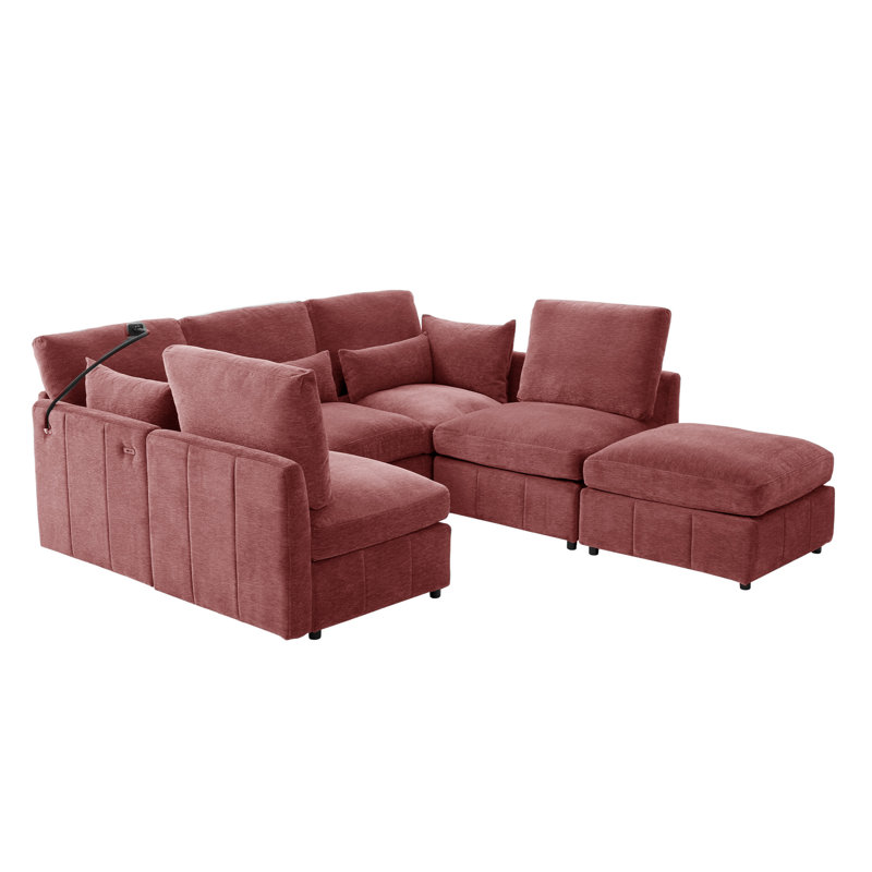 85'' W Chenille Modular Couch Sleeper Sofa, Red Chenille