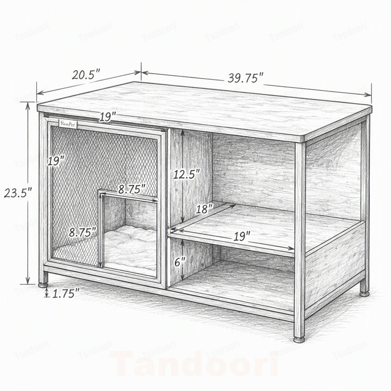 Niche pour chat, cage pour chien de style meuble, maisonnette en bois et acier avec coussin et portes coulissantes