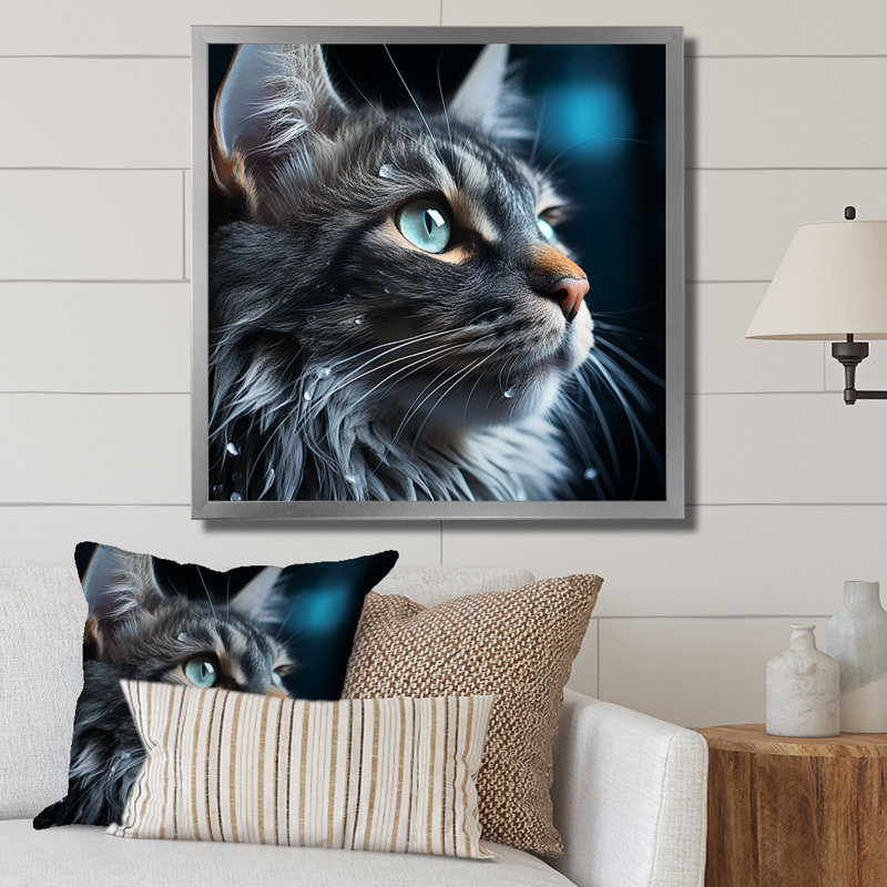 Cat Blue Eye Reflection I - impressions sur toile de chat, Cadre simple argenté, H 24 po x l 24 po x P 1 po