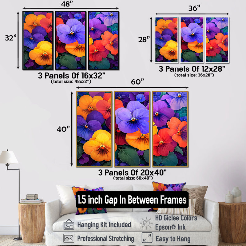 «Vibrant Garden Violets Flowers II - Violets», ensemble d'art mural, H 28 po x l 36 po, Reproduction avec cadre flottant