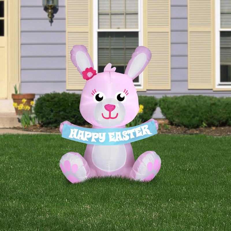 Pink Inflatable Easter Bunny with Clear LED Lights, 3.5 ft Tall