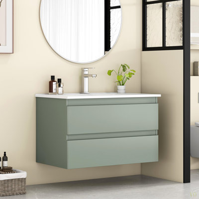 Meuble-lavabo mural de 32 po avec lavabo combiné, tiroirs doubles, façades de tiroirs arrondies, système de fermeture en douceur, lavabo en céramique, conception sans poignée, bois massif, facile à installer, le robinet n'est pas inclus