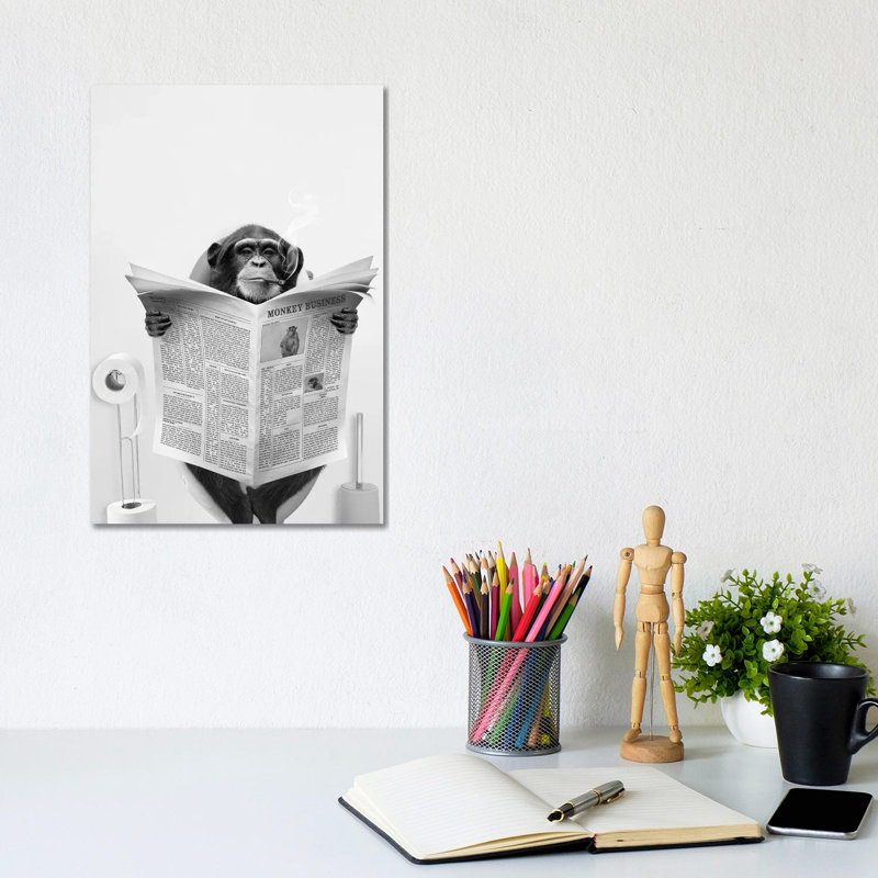 Monkey On The Toilet Reading The Newspaper - Wall Art Print