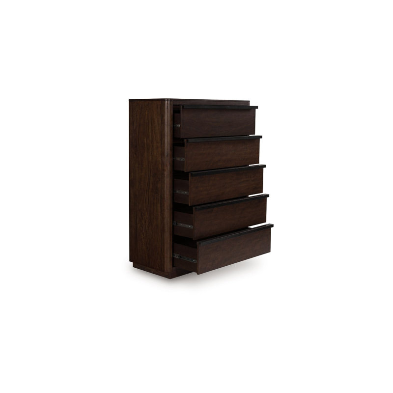 Commode haute 5 tiroirs Dely, poignées en métal noir, brun foncé