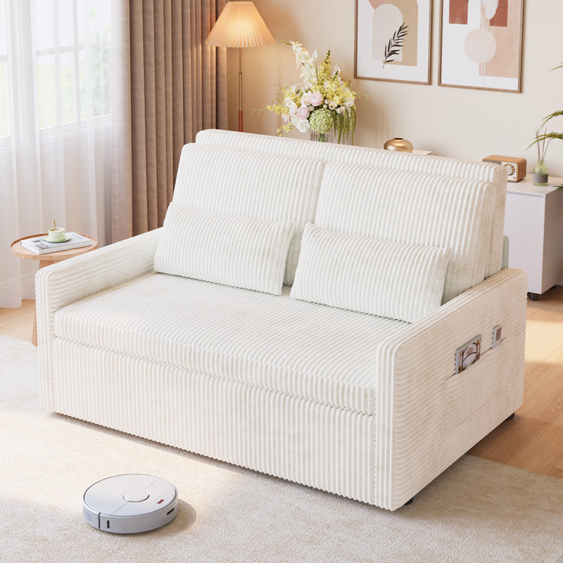 Modern Corduroy Convertible Sofa Bed 3-in-1 Upholstered Reclining Sleeper Sofa Couch Bed with Cushions and Side Pockets