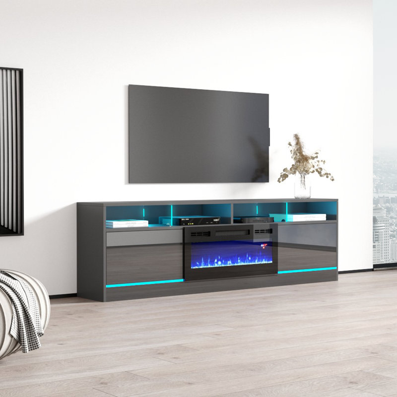 Alexin 78.7" Modern TV Stand with Electric Fireplace, High Gloss Finish, Media Storage, Gray/Black