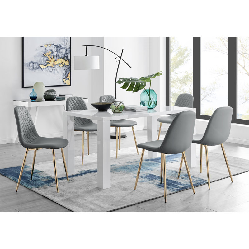 Eubanks High Gloss 6 Seat Rectangular Dining Table Set with Faux Leather Upholstered Dining Chairs, Elephant Gray