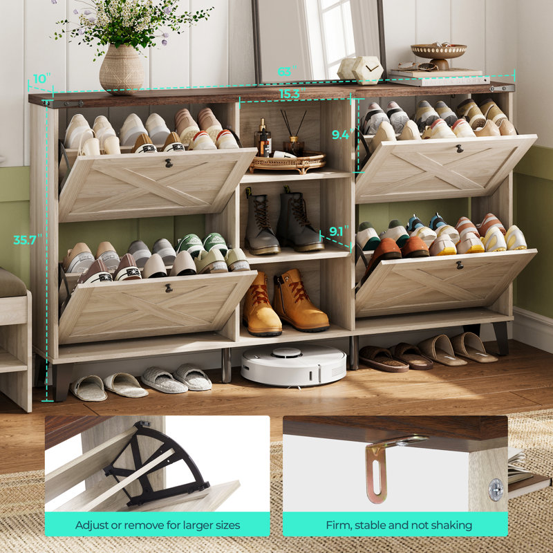 63"W Modern Entryway Shoe Storage Cabinet With Adjustable Shelves And Metal Legs Farmhouse Shoe Rack, White Wood