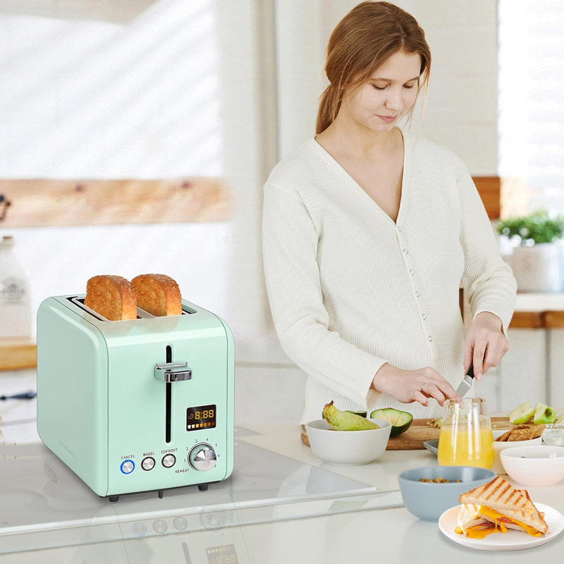 Toaster 2 Slice, Stainless Steel Bread Toaster LCD Display, 7 Bread Shade Settings, 1.4'' Wide Slots, Green