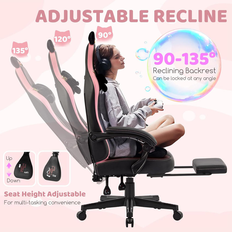 Gaming Chair Cute with Cat Ears & Ringing Accessories and  Lumbar Support, Ergonomic Computer Chair for Girl with Footrest  Headrest & Padded Arms