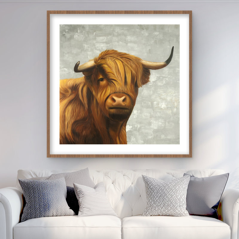 Highland Bovins - reproduction encadrée avec passe-partout pour la décoration intérieure, H 36 po x l 36 po, Brun / Gris