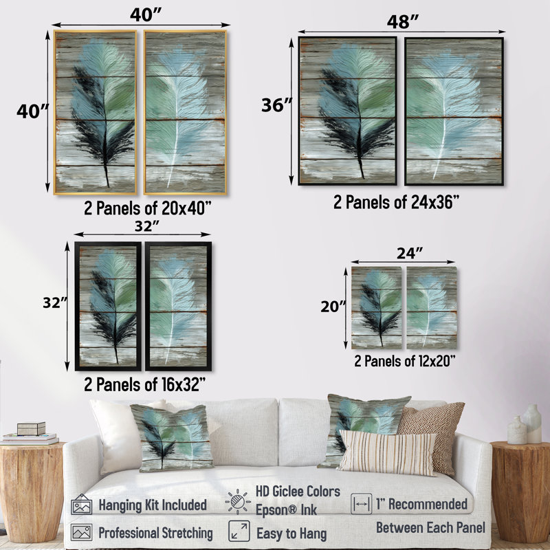 «Boho Wood Texture Feather», reproduction d'art sur toile, art mural bohème vert 2 pièces, H 36 po x l 48 po, Cadre flottant
