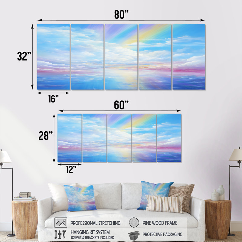Arc-en-ciel avec nuages roses et ciel bleu - ensemble d'art mural 5 pièces, H 28 po x l 60 po