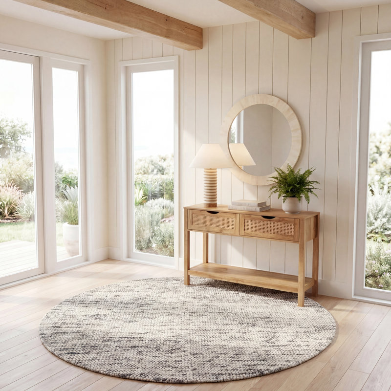 Almus Abstract Handmade Tufted Wool Grey / Beige Area Rug, Round 6'