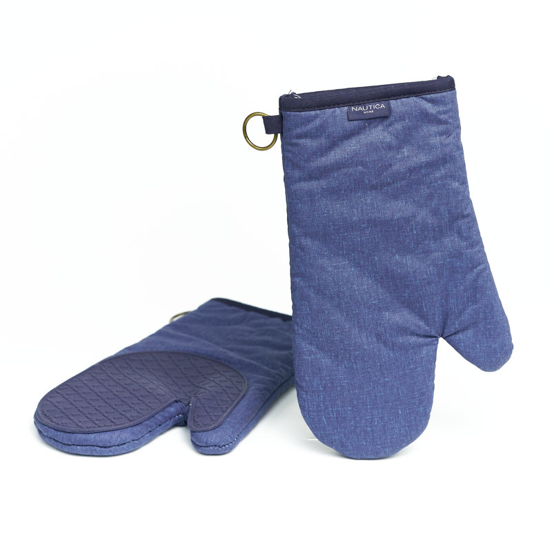 Navy Cotton Oven Mitts with Silicone Palm, Set of 2