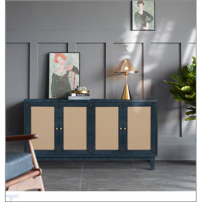 Handcrafted Premium Grain Panels, Rattan Sideboard Buffet Cabinet, Accent Storage with 4 Rattan Doors, Modern Console Table, Adjustable Shelves, Living Room, BLUE