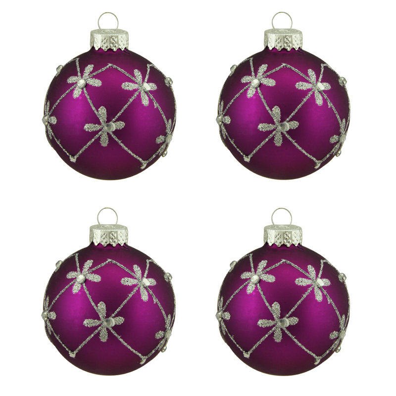 Ornements de Noël boules de verre mauve mat et fleurs d'argent 2,5 po (65 mm)