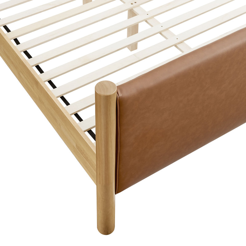 Lit plateforme tapissier en cuir Maven, Bois massif et bois manufacturé, Complète, Tanoak