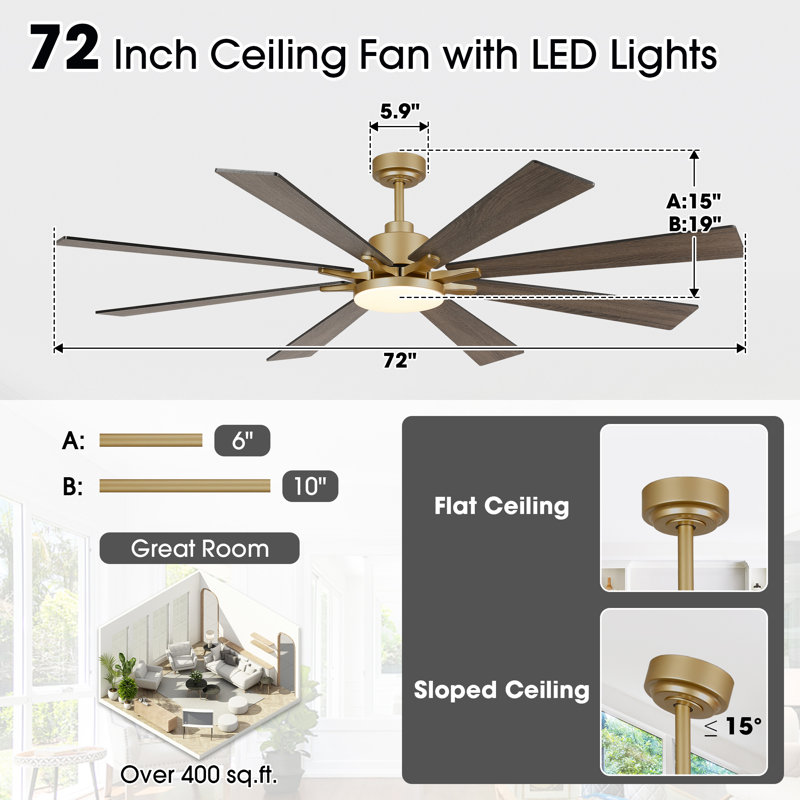 Vaczon 72" Smart Dimmable LED Ceiling Fan with 3CCT LED Lights, 6-Speed Reversible DC Motor, Timer, Remote and App Control