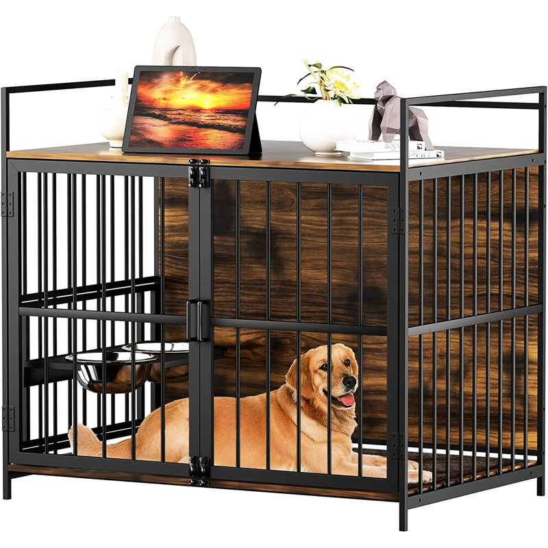 Grande cage à chien brune de 48 po avec mangeoire surélevée réglable pour animaux, H 43,39 po x l 46,98 po x P 30,43 po