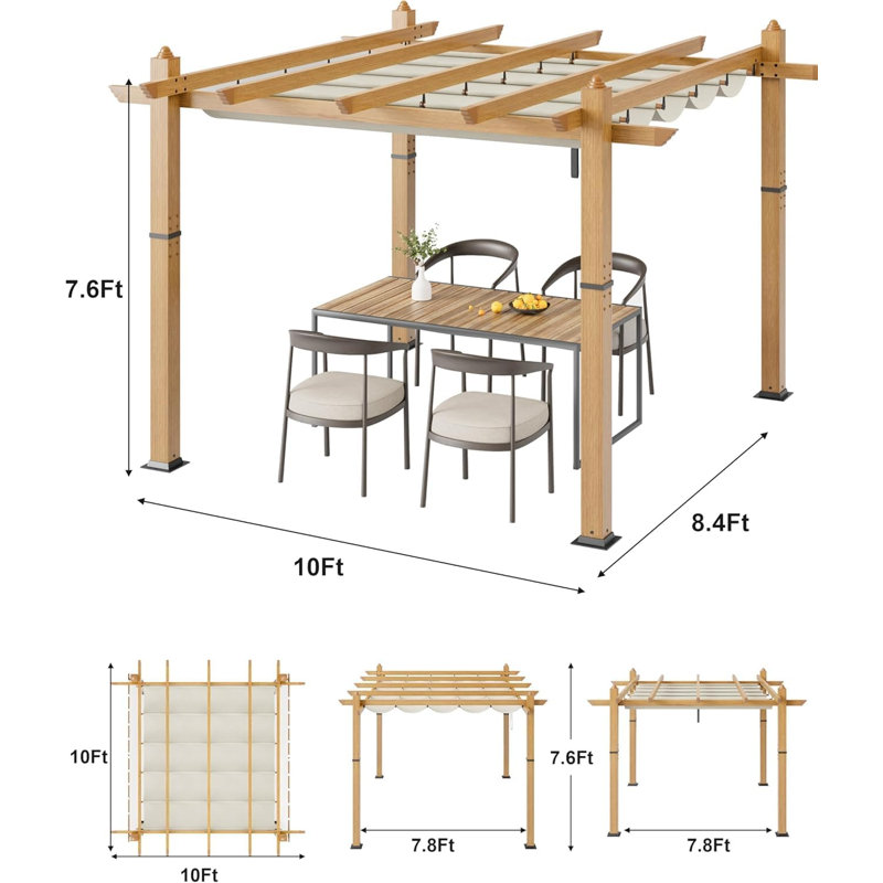 10x10FT Retractable Pergola with Wood-Grain Finish – Heavy-Duty Aluminum Outdoor Pavilion with UPF 50+ Waterproof Canopy – Modern Gazebo for Patio, Deck, Backyard & Poolside, Beige