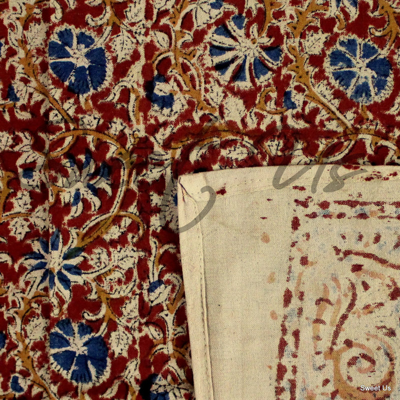 Handmade Red and Beige Cotton Floral Tablecloth 90" x 60"