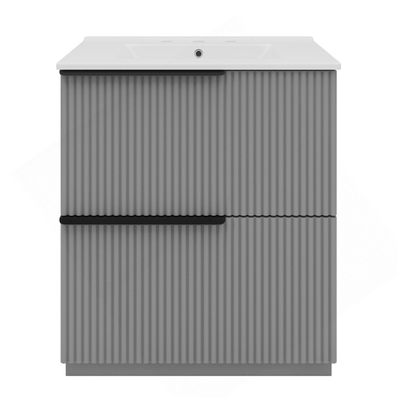 Meuble-lavabo 30 po avec lavabo en céramique et tiroirs pleine extension, meuble-lavabo autoportant avec glissières de tiroir à fermeture douce, conception cannelée, gris