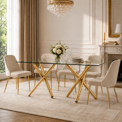 Contemporary Luxe 71" Tempered Glass Dining Table with Polished Gold Double X-Base