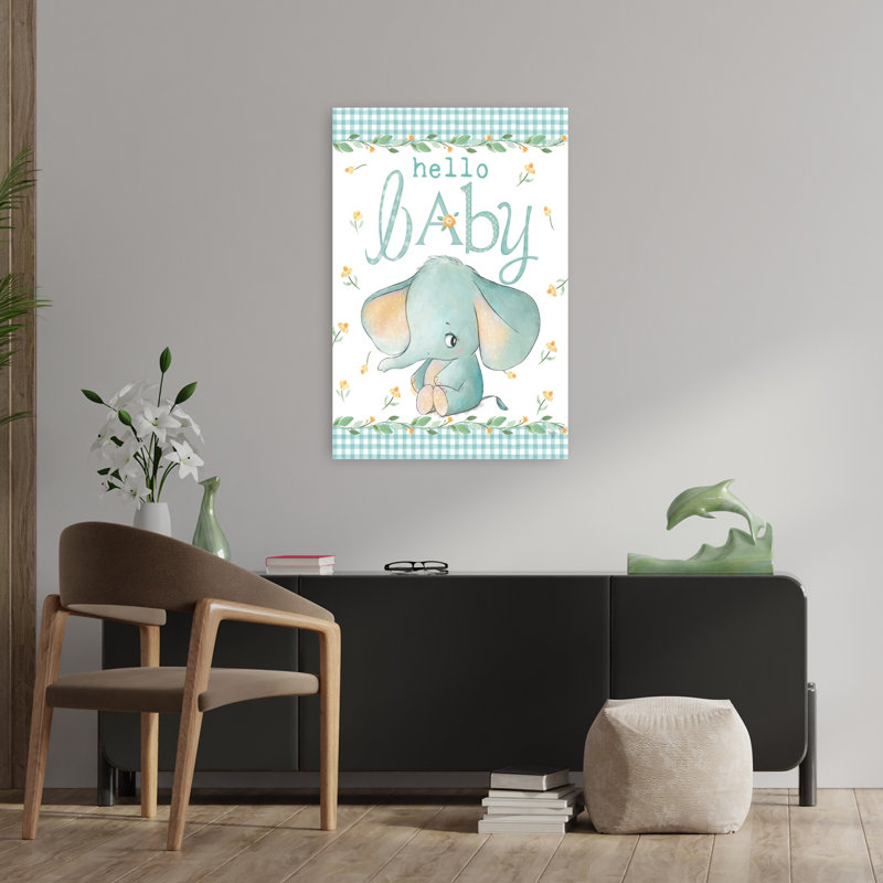 Hello Baby Elephant Blue Whimsical Contemporary Elephant Wall Art Print, 91.44cm H x 60.96cm W