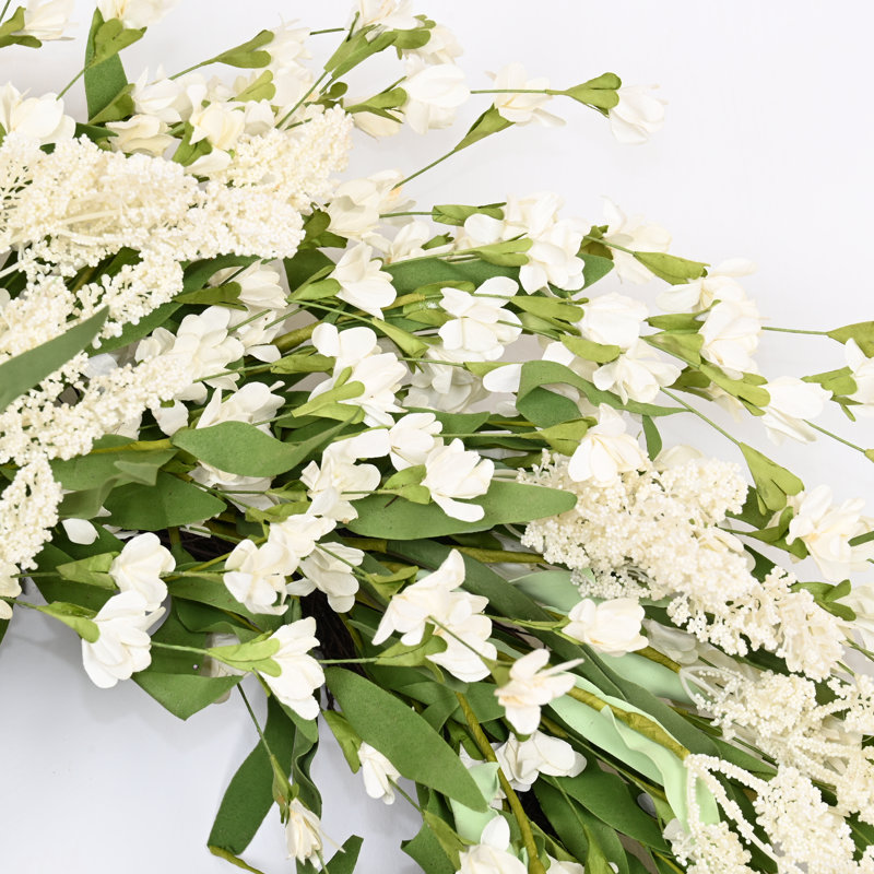 Couronne de porte artificielle 24 po printemps été fleur de grappe, Blanc