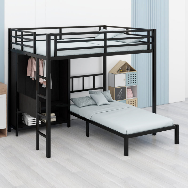 Lit superposé en métal avec bureau pliant, garde-robe à DEL