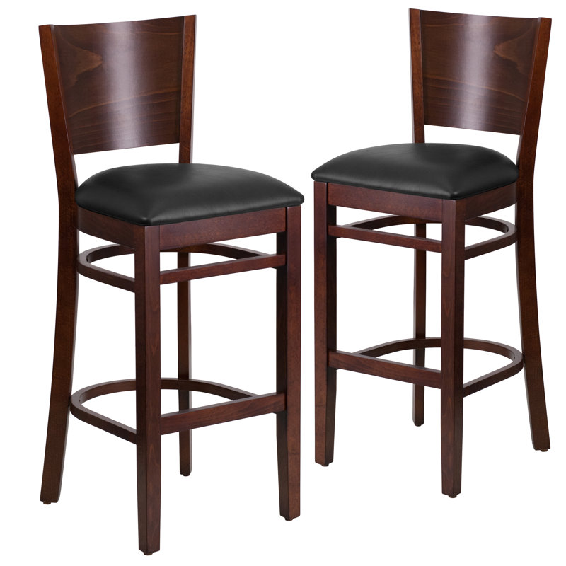 Claridge Solid Back Wooden Restaurant Barstool, Walnut, 2, Vinyl-Black
